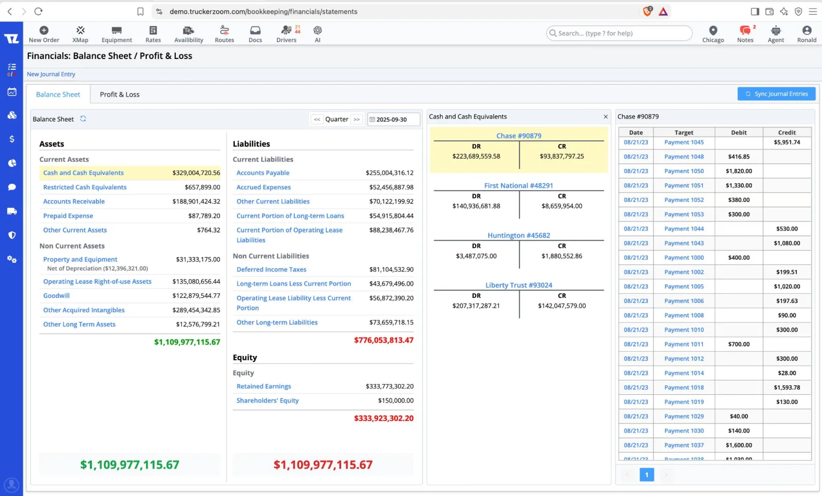 TruckerZoom Balance Sheet with Cash and Cash Equivalents expanded into its bank accounts and the underlying payment transactions