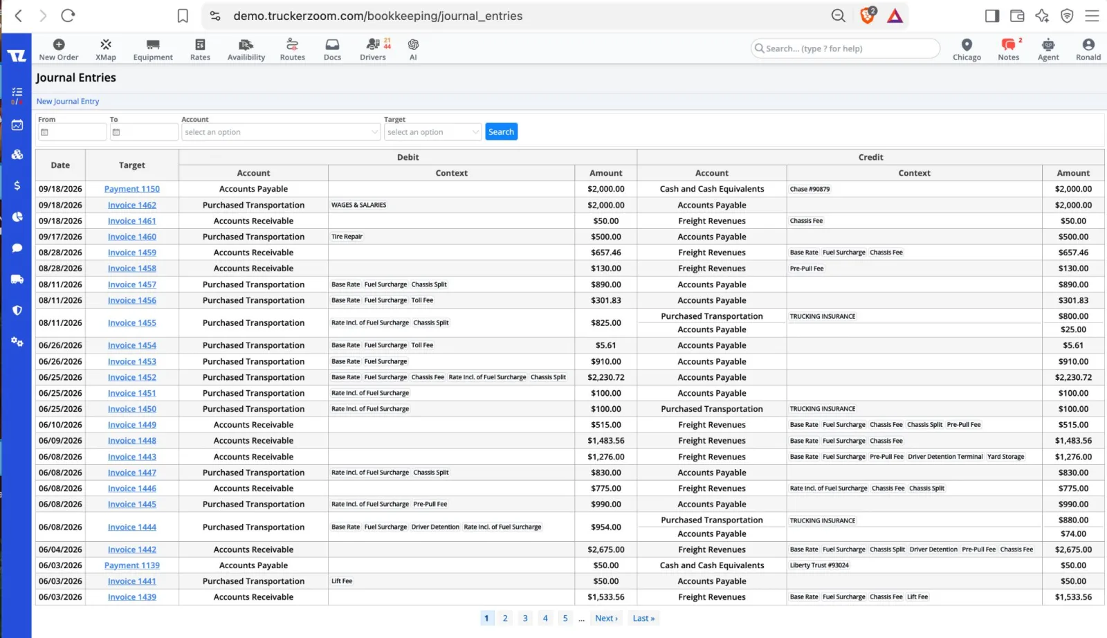 TruckerZoom journal entries list with debit and credit accounts generated from invoices and payments