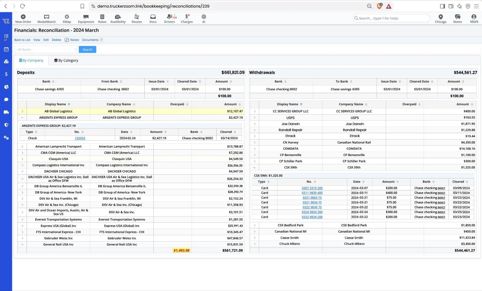 TruckerZoom bank reconciliation showing deposits and withdrawals grouped by customer and vendor