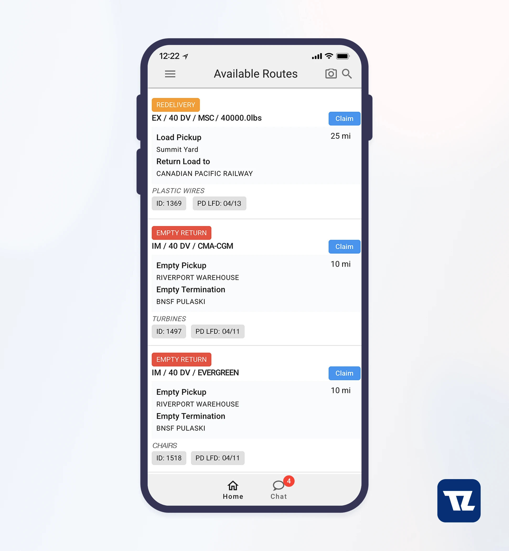 Available routes on the TruckerZoom driver mobile app