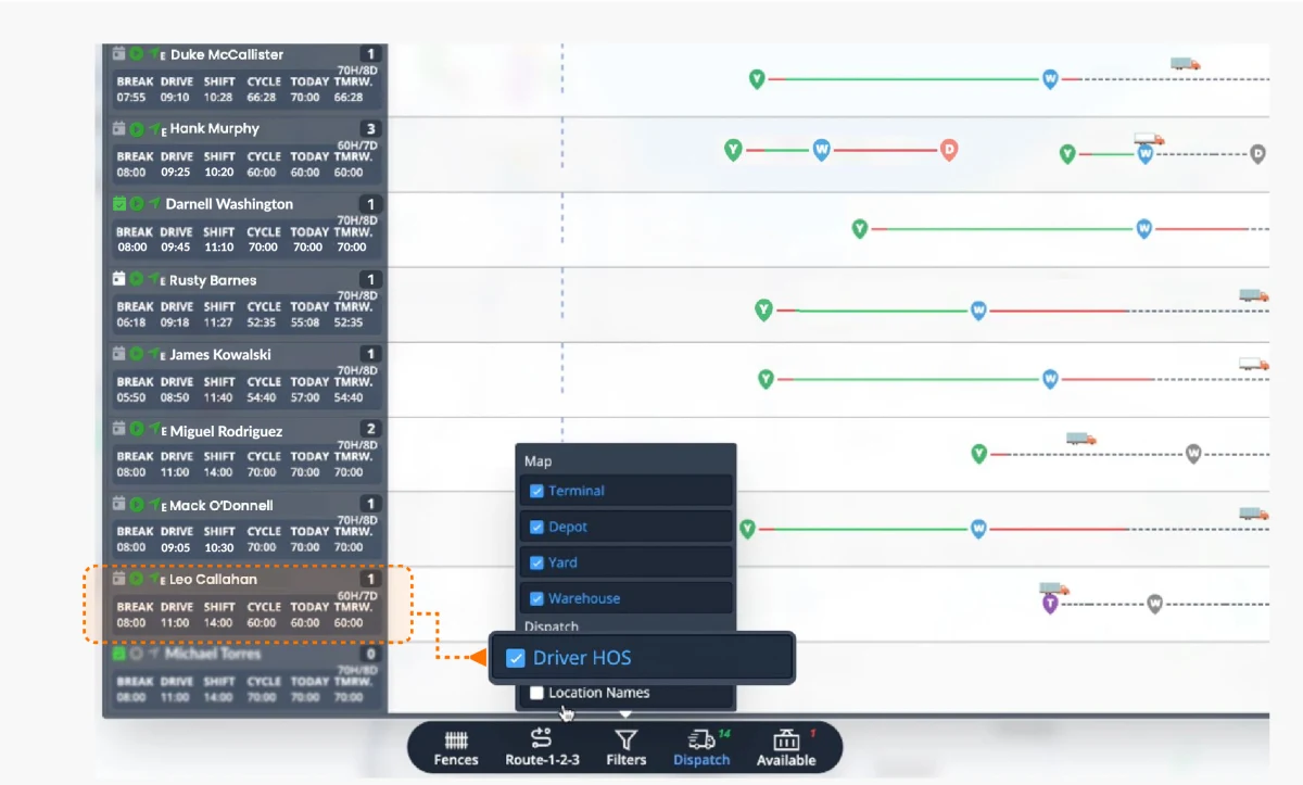 XMap map controls filtering terminals, depots, yards and warehouses with driver hours overlaid
