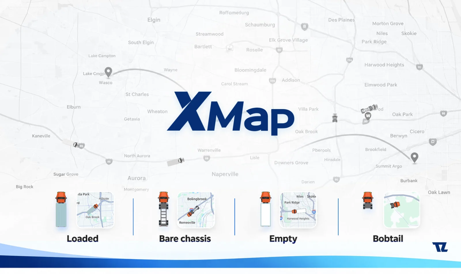 XMap showing a Chicago area map with loaded, bare chassis, empty and bobtail trucks