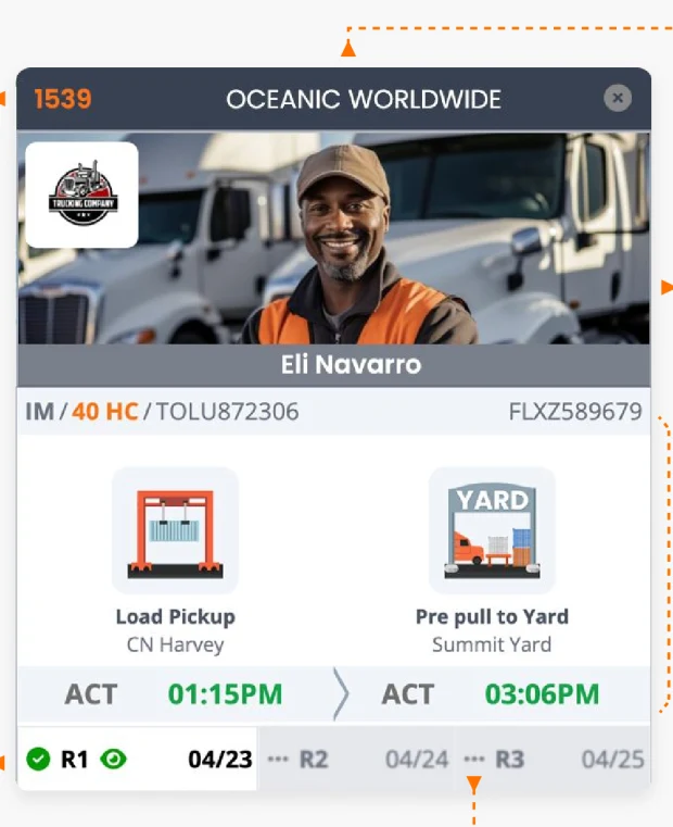 An XMap load-card showing customer, driver, container details and route stops