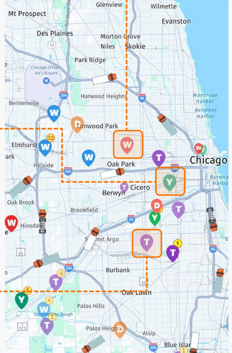 XMap map view with terminal, warehouse, depot and yard pins across the Chicago area